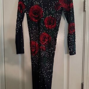 Black and Red Bodycon Jumpsuit with Crew Neck